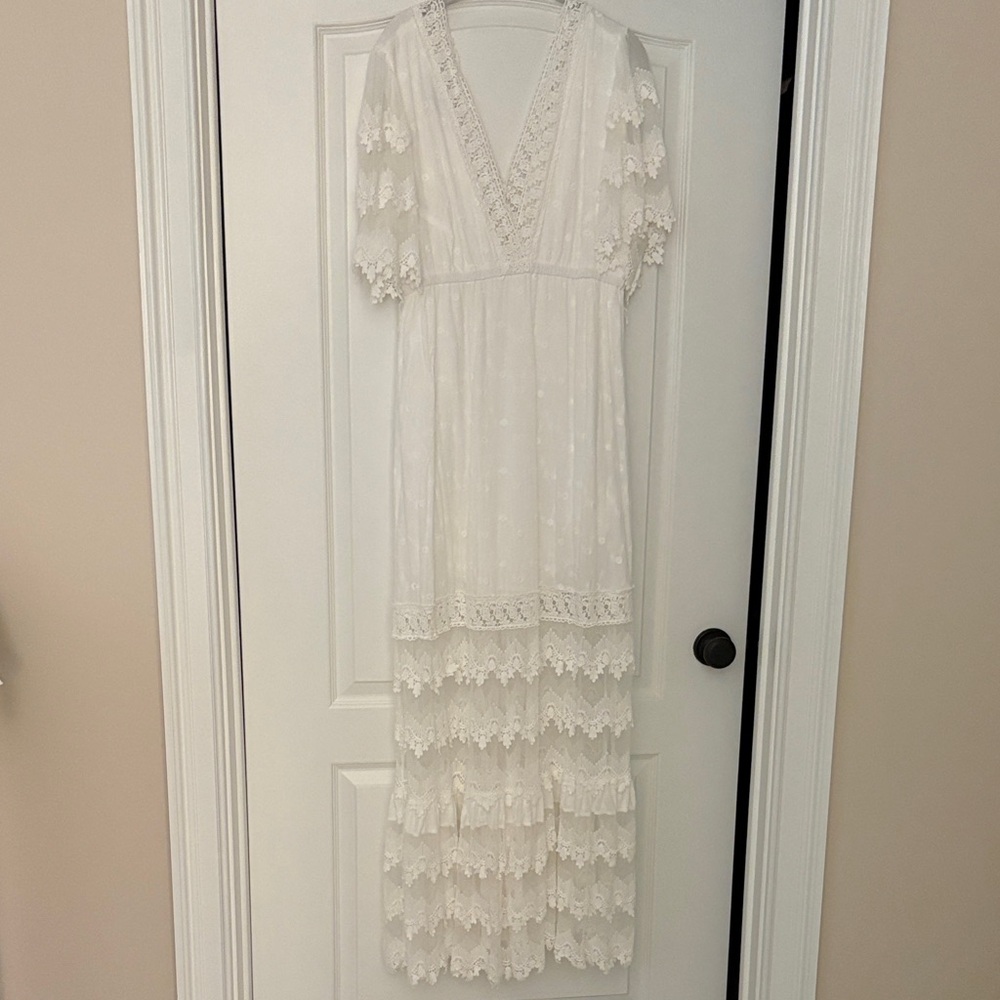 White Lace Maxi Maternity Dress - Elegant Sheer Panel Gown - Picture 3 of 6